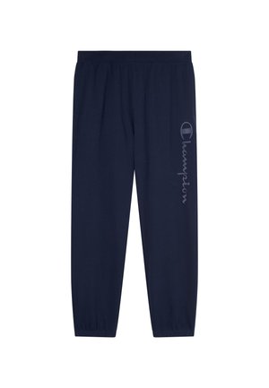 Navy blue casual sweatpants with elastic waistband and cuffs, featuring vertical "Champion" logo printed on the right leg.