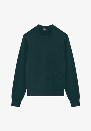 Dunkelgrüner Pullover mit Rundhalsausschnitt, langen Ärmeln, gerippten Bündchen und einem kleinen gestickten Logo auf der unteren Vorderseite.