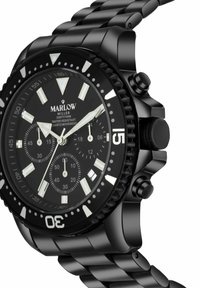 Schwarze Quarz-Chronographuhr mit rundem Gehäuse, drehbarer Lünette, leuchtenden Stundenmarkierungen und Metallarmband. Wasserdicht bis zu 100 Metern.