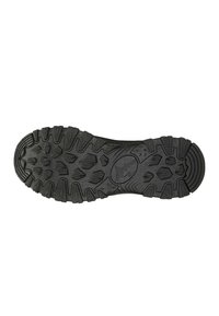 Suola di scarpa in gomma nera con un design robusto, caratterizzata da un battistrada multidirezionale e una superficie testurizzata per una presa e una durabilità elevate.