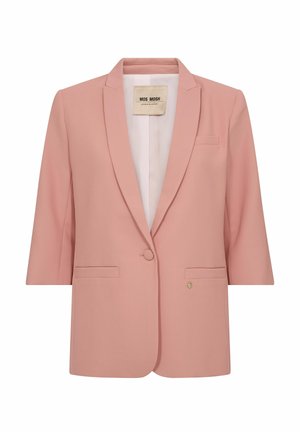 Sacou roz deschis pentru femei, cu rever cu crestătură, închidere cu un singur nasture, mâneci trei sferturi și buzunare frontale, etichetat MOS MOSH.