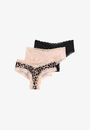 Three pairs of women's panties: one black, one leopard print, and one beige, all featuring lace trim and a soft, stretchy fabric.