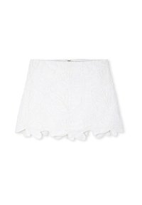 Gonna bianca con ricami floreali, orlo a scallop e zip sul retro. Realizzata in tessuto leggero, presenta cuciture dettagliate sulla superficie.