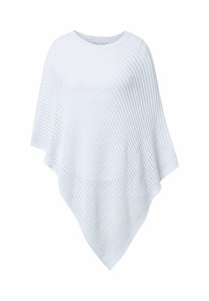 Kevyt neulottu poncho vaaleansinisestä langasta, jossa on löysä, valuva muoto, avointa kudontaa ja pyöreä kaula-aukko.