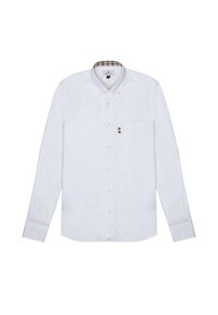 Weißes Langarmhemd mit Button-Down-Kragen, Brusttasche und kariertem Innenfutter am Kragen. Mit dezentem Logo-Akzent.