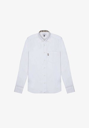 Hvid langærmet skjorte med button-down krave, brystlomme og kcheck-mønstret stof indvendig i kraven. Har en diskret logo-accents.