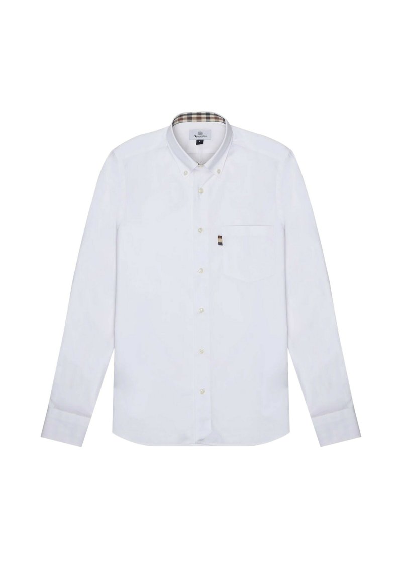 Weißes Langarmhemd mit Button-Down-Kragen, Brusttasche und kariertem Innenfutter am Kragen. Mit dezentem Logo-Akzent.