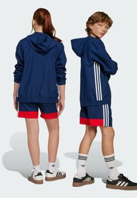 Blue athletic jacket with hood, red and blue shorts, and black sneakers with brown soles. Three white stripes on the sides.