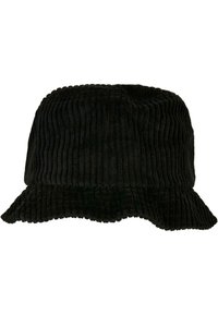 Cappello a secchiello in velluto a coste nero con texture a righe, ampia visiera e corona strutturata. Tessuto morbido con un aspetto vellutato.