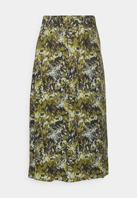 Jupe florale présentant un mélange de teintes jaunes, vertes et noires. Ceinture élastique, longueur genou et tissu texturé subtil.