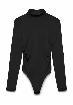 Bodysuit noir à manches longues avec col roulé décolleté, présentant des détails froncés sur les côtés et une coupe string. Fabriqué en tissu lisse et extensible.