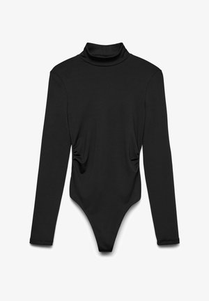 Schwarzer Langarm-Bodysuit mit einem Mock-Turtleneck, der verschnörkelte Seitendetails und einen Tanga-Schnitt aufweist. Hergestellt aus einem glatten, elastischen Stoff.