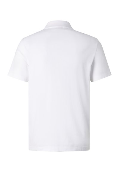 White short-sleeve polo shirt shown from the back with a classic collar and no visible logos or patterns.
