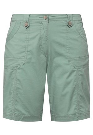 Pantalones cortos de color verde claro hechos de una tela suave, con dos bolsillos frontales, dos bolsillos laterales y botones metálicos para el cierre.