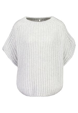 Pull blanc en grosse maille à manches courtes avec un col rond et un motif côtelé texturé, présenté sur un fond uni.