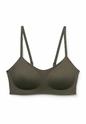 Sujeción de color verde oliva con tirantes finos ajustables y copas moldeadas, diseñada para ofrecer comodidad y soporte.