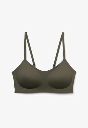 Sujeción de color verde oliva con tirantes finos ajustables y copas moldeadas, diseñada para ofrecer comodidad y soporte.