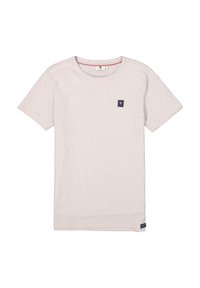 Lichtbeige t-shirt met korte mouwen en een ronde hals, gemaakt van textuurstof. Voorzien van een klein marineblauw logo op de borst.