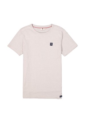 Lichtbeige t-shirt met korte mouwen en een ronde hals, gemaakt van textuurstof. Voorzien van een klein marineblauw logo op de borst.