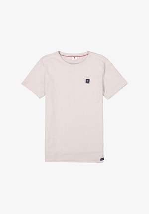 Helles beige T-Shirt mit kurzen Ärmeln und Rundhalsausschnitt aus strukturiertem Stoff. Mit einem kleinen Logo-Patch in Marineblau auf der Brust.