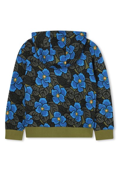 Felpa con cappuccio caratterizzata da un vivace motivo floreale di fiori blu con centri gialli su uno sfondo scuro, con polsini e orlo a costine verdi.