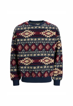 Patroon fleece sweater met een marineblauw, bordeauxrood en crèmekleurig kleurenschema, voorzien van geometrische ontwerpen en geribbelde manchetten en zoom.