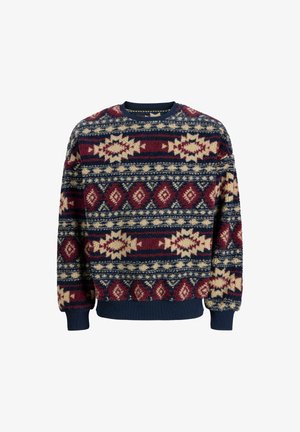 Pull en polaire à motifs, arborant une palette de couleurs marine, bordeaux et crème, orné de motifs géométriques et de bordures côtelées au niveau des poignets et de l'ourlet.
