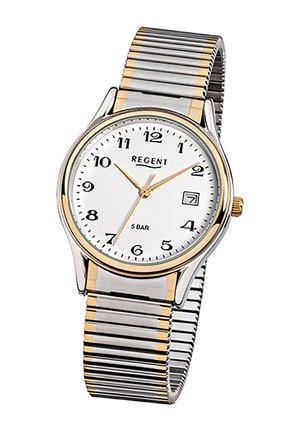 Montre en argent et ton or avec un cadran rond blanc, de grands chiffres noirs, un affichage de date et un bracelet métallique nervuré. Étanche jusqu'à 5 bars.