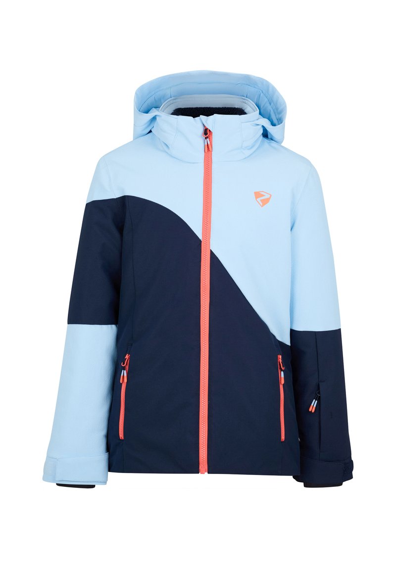 Hellblaue und marineblaue Ski-Jacke mit verstellbarem Kapuze, Frontreißverschluss und zwei Reißverschlusstaschen. Mit leuchtend korallenfarbigen Akzenten und einem Logo.