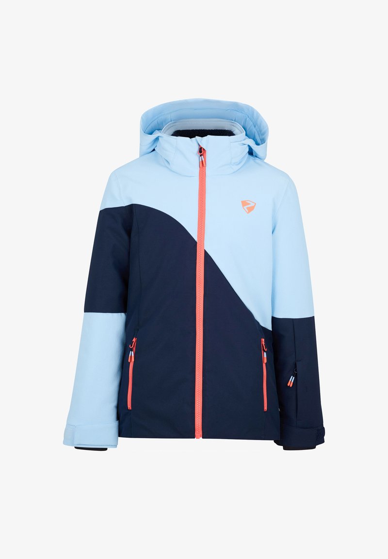 Hellblaue und marineblaue Ski-Jacke mit verstellbarem Kapuze, Frontreißverschluss und zwei Reißverschlusstaschen. Mit leuchtend korallenfarbigen Akzenten und einem Logo.