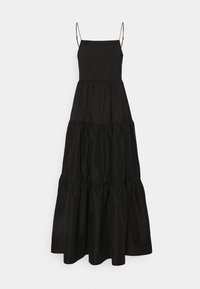 Robe maxi noire avec fines bretelles spaghetti, corsage ajusté et jupe à volants froncée. Confectionnée en tissu léger et lisse.