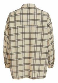 Beige long-sleeve shirt with black checkered pattern, buttoned cuffs, and a classic collar, shown from the back.