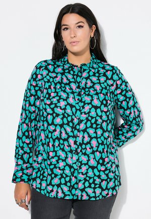Camicia button-up con una base nera e un audace motivo astratto turchese e rosa. Maniche lunghe e colletto classico completano il design.
