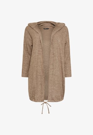 Długi, prążkowany kardigan w jasnobrązowym kolorze, z kapturem, otwartym przodem i sznurkiem ściągającym na dole. Miękka tekstura, rękawy o długości trzy czwarte.