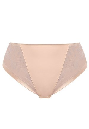 Nude high-waisted panties featuring a smooth front, sheer floral lace sides, and satin-like finish, emphasizing comfort and fit.