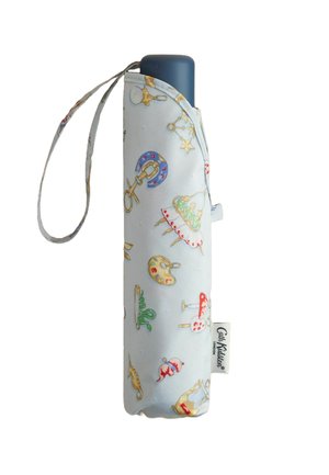 Compact umbrella with a light blue fabric cover, featuring a playful pattern of colorful illustrations. Includes a wrist strap for easy carrying.