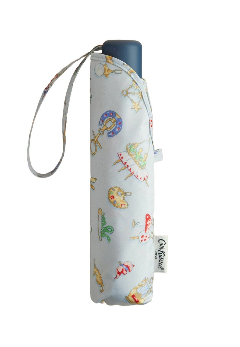 Compact umbrella with a light blue fabric cover, featuring a playful pattern of colorful illustrations. Includes a wrist strap for easy carrying.