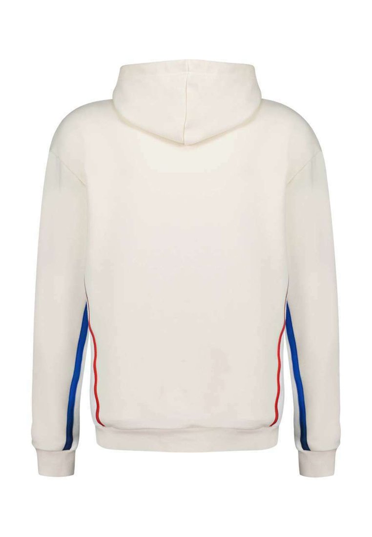 Sudadera color blanco roto con franjas azules y rojas que recorren las mangas y los laterales, con capucha y puños y dobladillo de canalé.