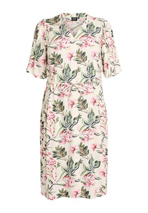 Crèmekleurige jurk tot op de knieën met groene en roze bloemenprint, korte mouwen, knoopsluiting aan de voorkant, kraag en stoffen riem in de taille.