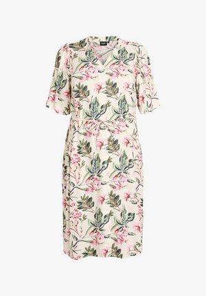 Vestido crema hasta la rodilla con estampado floral en verde y rosa, mangas cortas, botones en la parte delantera, cuello y cinturón de tela en la cintura.