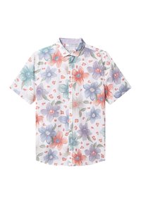 Camicia a maniche corte in tessuto leggero, con sfondo bianco e ampi motivi floreali colorati in rosa, blu e verde.