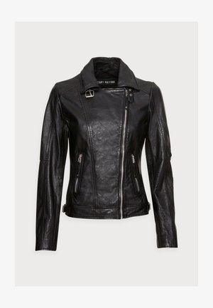 Mustat nahkatakit moottoripyöräilyyn, joissa on viistetty kaulus, vinot vetoketjut, kaksi etutaskua ja korostusompeleet olkapäillä.