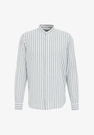 Prugasta srajca z gumbom v svetlo modri in beli barvi. Narejena iz lahkotnega materiala z mandarin ovratnikom in dolgimi rokavi. Vodoravni manšeti.