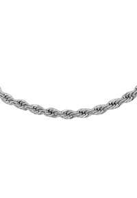 Collier en chaîne argentée torsadée avec des maillons entrelacés et une finition polie, présentant une texture lisse et brillante.