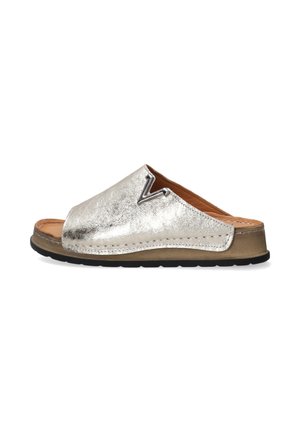 Silver metallic slide sandal with an open toe, leather upper, and black rubber sole. Features a V-shaped cutout detailing on the strap.