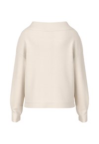 Cremfarbener Pullover mit lockerer Passform, weitem Kragen und überschnittenen Schultern. Hergestellt aus weichem Stoff, mit gerippten Bündchen und Saum.