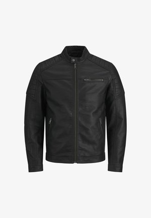 Czarna skórzana kurtka z pikowanymi detalami na ramionach, stójką zapinaną na zatrzask oraz trzema kieszeniami na zamek, zamknięcie na zamek błyskawiczny z przodu.