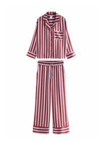 Röd och vit randig pyjamasuppsättning med en krage och knappar framtill, bröstficka och vida byxor med elastisk midja.