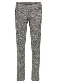 Grijze sportbroek van textuurstof met een gemêleerd patroon. Beschikt over twee zijzakken en een klein logo aan de voorkant.