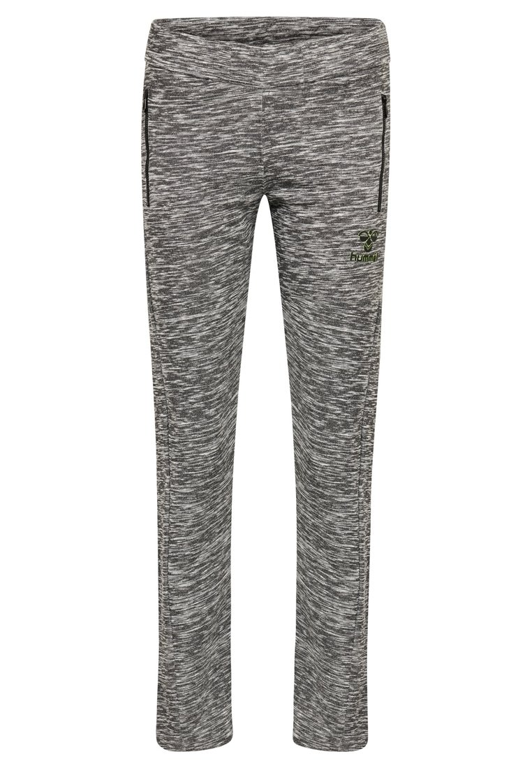 Grijze sportbroek van textuurstof met een gemêleerd patroon. Beschikt over twee zijzakken en een klein logo aan de voorkant.